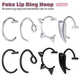Alrhso 16 Pcs Fake Lip Ring Fake Snake Bite Non-Piercing Lip Cuff Ear Cuff Stainless Steel Vampire Teeth Ring Septum Nose Piercing Set for Women Men (Black Silver)