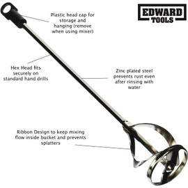 Edward Tools Paint and Mud Mixer for Drill - Mixes 1 to 3 Gallons - 15 3/4" Length - 5/16" Hex Shaft - Zinc Plated Steel - Reinforced Weld - Non Slip Hex Head - Easy Clean - Paint Mixer Attachment (2)