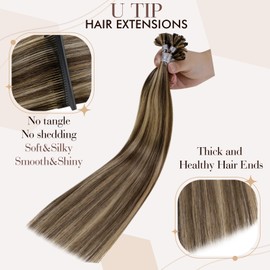Hetto Pre Bonded Utips Hair Extensions Straight U Tip Dark Brown Highlight Caramel Blonde Utip Pre Bonded Human Hair Extensions 22 Inch 50g 50 Strands