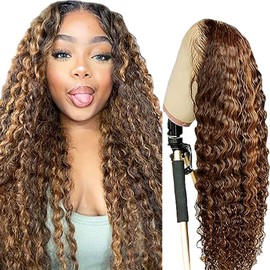 Weeybay Real Hair Wig for Women Wigs Curly Wave Human Hair Wig 4 x 4 Lace Closure Highlight Brown 150% Density Unprocessed Remy Hair Glueless for Women 22 Inches