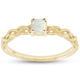AFFY 14k Gold Over Sterling Silver 4MM Round Cut Created Opal Solitaire Braided Crisscross Engagement Promise Ring Jewelry For Women, Sterling Silver Yellow Gold, Opal