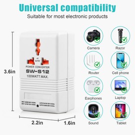 Voltage Converter 110V to 220V Step-Up & Step-Down Power Two-Way Conversion Voltage Converter Transformer for Travel, RV, and Camping (100W-White)