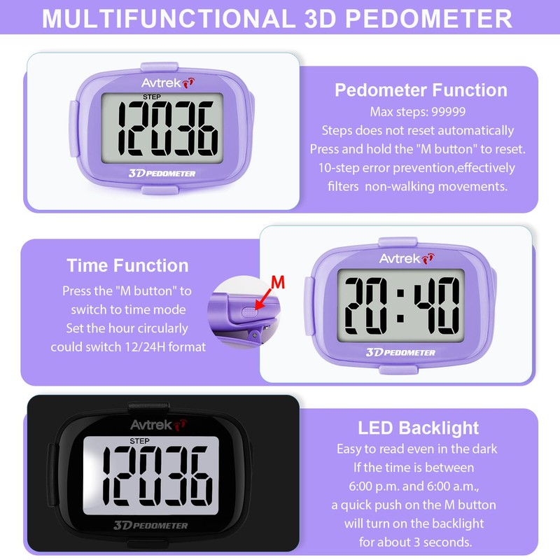 AVTREK 3D Pedometer Clip On-Step Counter for Walking-No App No