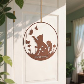 JUJOYBD Vintage Türkranz mit Katzen Willkommensschild, Dekorativer Metallkranz zum Aufhängen für Tür Garten, Rost Wanddeko Kranz Wetterfest Geschenk für Katzenliebhaber Ø 30 cm