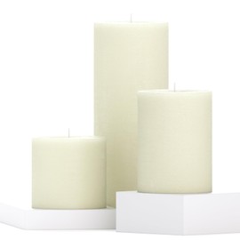 CANDWAX Assorted Pillar Candles Set of 3 – Sizes 3", 4", 8" Unscented Dripless Large Candles, Rustic Style Long Burning for Weddings, Home Decor – Ivory