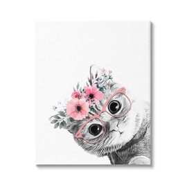 Stupell Industries Pink Flower Crown Cat Glasses Monochrome Simple, Design by Annalisa Latella