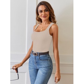 MEROKEETY Women's 2025 Ribbed Tank Tops Knit Square Neck Sleeveless Shirts Summer Casual Basic Tanks, Sand, Small