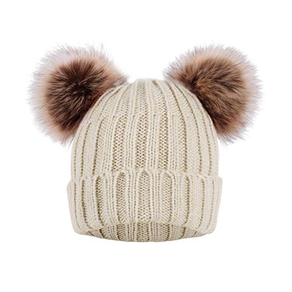 YoungLove Cable Knit Winter Beanie Hat for Women with Faux Fur Pompom,Beige