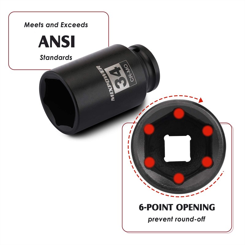 MIXPOWER 1/2" Drive Deep Impact Socket, CR-MO, 34 mm, METRIC,
