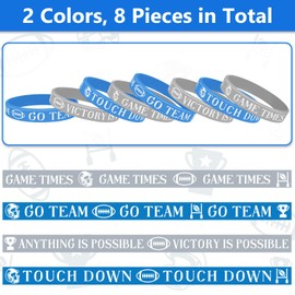 8 PCS Football Blue and Gray Bracelet, GO TEAM GAME TIMES TOUCH DOWN and ANYTHING IS POSSIBLE White text Wristband for Football Birthday Sport Party Favors Church Activities for Fans Team Gifts