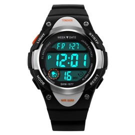 TONSHEN Children's Digital Watch Outdoor 50 m Waterproof Plastic Bezel with Rubber Strap Watches Multifunction Sports Watch Calendar Date Stopwatch Wristwatch, black, Bracelet