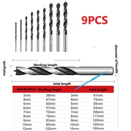 FTXanty Wood Drill Bit Set 9-Piece Professional Twist Drill Bit 3-12 mm HSS Drill Bit for Wood Plywood Plastic Wood Twist Drill for Drill Driver Drill Stand Electric Hand Drill