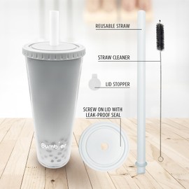 No Leak Reusable Boba Tea Cup | Tumbler in cute and unique Colors | 24 oz Large Double Wall Insulated | Wide Straw with lid and straw cleaner | Perfect for bubble milk tea or Smoothies - White