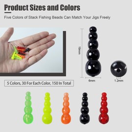 MAFIMOEA 150pcs Stacked Fishing Beads Plastic Fishing Bead Lure Tackle Tapered Bead Fishing for Trout Walleye Perch Spinner Rig Lure Making Supplies Saltwater Freshwater