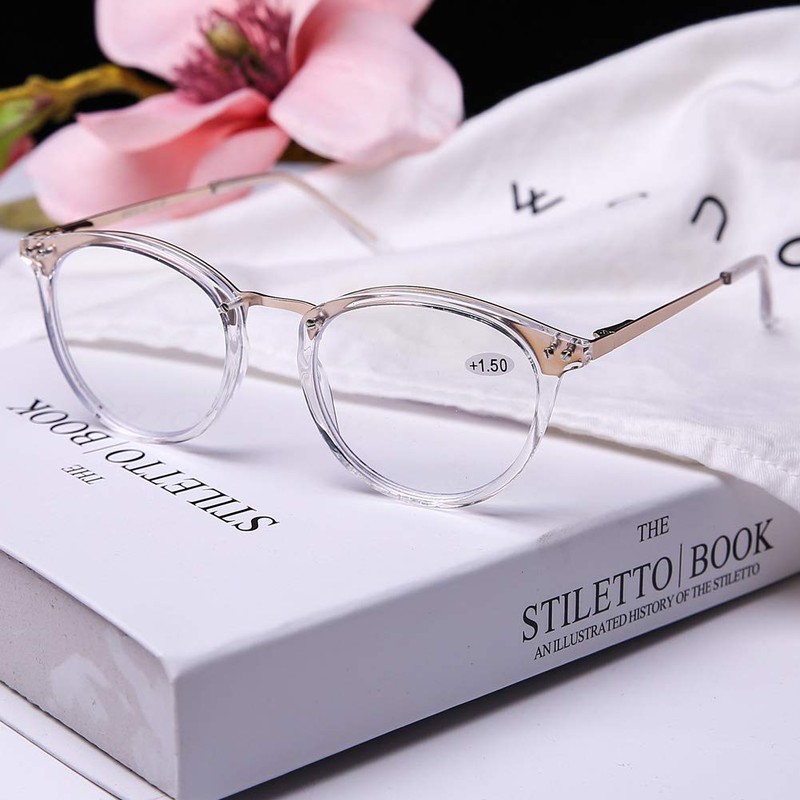 DOOViC Lesebrille Metall Damen 3,0 Blaulichtfilter Durchsichtiger Rund Computerbrille mit
