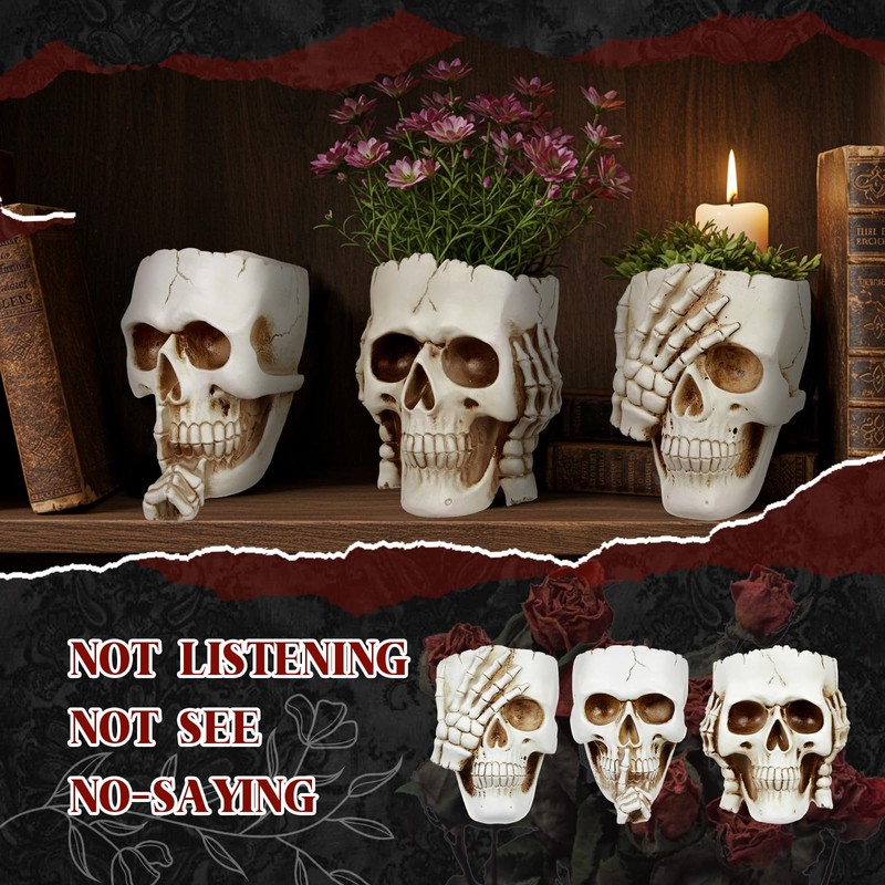 RimCereal 3pcs Halloween Skull Wall Planter Resin Skeleton Gothic Hanging