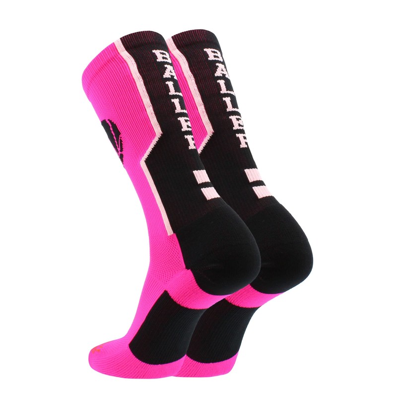 MadSportsStuff Baller Basketball Logo Crew Socks (Neon Pink/Black, Medium)
