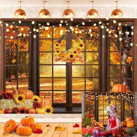 Fall Window Backdrop Autumn Scenery Forest Wooden Window Pumpkin Maple Leaves Harvest Photography Background Thanksgiving Friendsgiving Family Birthday Party Decorations Banner Photo Props (7x5FT)