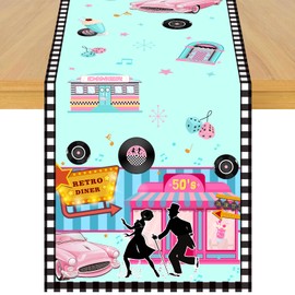 Cheerupp 1950s Theme Table Runner, 50s Rock and Roll Retro Diner Linen Fabric Table Runner for Everyday Use 72 x 13 Inches, Washable Table Cover for Indoor Outdoor Kitchen Dining Table Decor