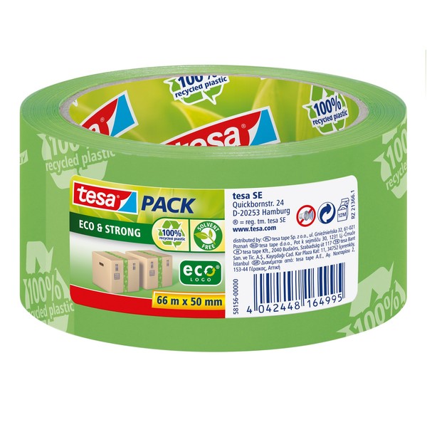 tesa UK Tesa 58156 100% Recycled Ecologo Printed Packaging Tape, 50Mm X 66M, Green