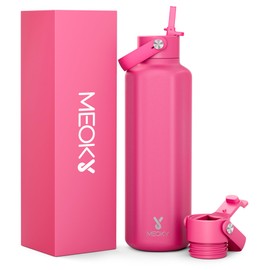 Women Metal Water Bottle for Sports: 710ml Insulated Cold Water Bottle with Straw and Flip Lid - BPA-Free Carry Loop for Work - Commuters Yoga Enthusiasts, Ruby