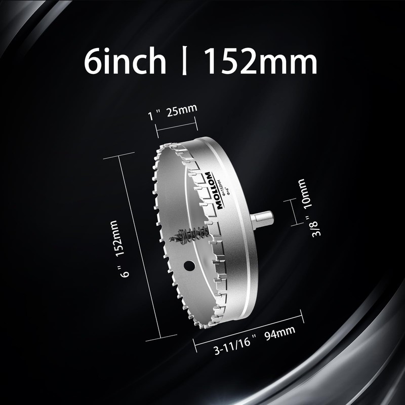 Mollom (6''|152mm) Heavy Duty Carbide Hole Saw with 2 Pilot