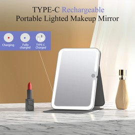 Espejo de maquillaje recargable con luz de viaje con cubierta de piel sintética, espejo de maquillaje portátil con luces, iluminación de 3 colores, sensor táctil regulable, espejo cosmético de mesa plegable, blanco