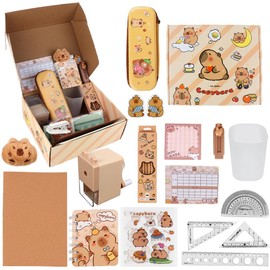 KBIBCK 14 PCS Capybara Stationery Set, Capybara Pencil Case with Pencil Sharpener, 4 Rulers, 4 Pens, Notebook, Booklet,Sticky Notes,Eraser,School Timetable,Capybara School Supplies for Boys Girls Kids