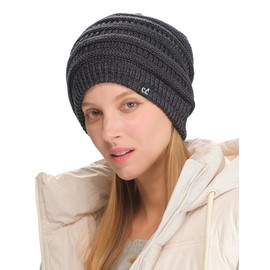 Fuzzy Lined Stretchy Cold Weather Toboggan Cap Slouchy Oversized Cable Knit Beanie, Black/Charcoal