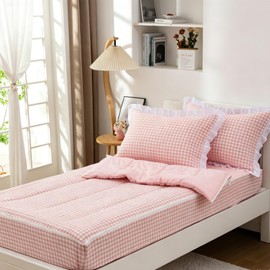 Aimuan Zipper Bedding Twin Zip Up Bedding Set Pink Checked Plaid 3 Pcs Zippered Bedding Twin Comforter Bed in a Bag with Fitted Sheet and 2 Pcs Pillowcases (Pink,Twin)