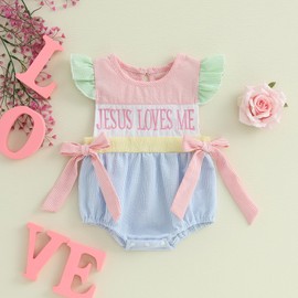 Kuriozud My First Easter Baby Girl Outfit Jesus Loves Me Romper Flying Sleeve Onesie Bodysuit Infant Girl 1st Easter Clothes (Easter Pink Blue, 0-3 Months)