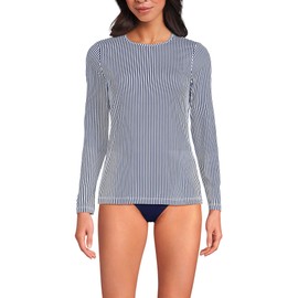 Lands' End Women's Long Sleeve Relaxed UPF 50 Rash Guard, Deep Sea Navy Mini Stripe, Small Petite