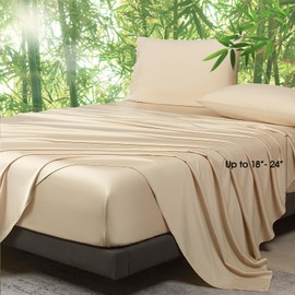 Ivellow 100% Viscose from Bamboo Sheets Queen Size, 18-24 Inch Extra Deep Pocket Beige Queen Bed Sheets 4Pcs, Luxury Bamboo Viscose Cooling Sheets for Queen Size Bed, Silky Soft, Smooth, Breathable