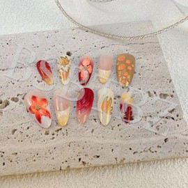 30pcs Fall Maple Leaf Press on Nails Autumn Fake Nail with 3D Floral & Gold Leaves Art in Medium French Nails Handmade Thanksgiving Nail Art for Holiday, Vacation, Birthday Nail Decoration for Women