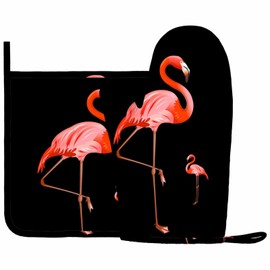 Mxocom Couple Flamingo Bird Oven Mitts and Pot Holders Sets Tropical Pink Flamingo Adorable Bird Exotic Wildlife on Black Silicone Heat Resistant Kitchen Oven Gloves Pot Holder for Cooking