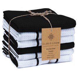 CLOUDLOOM 100% Cotton Waffle Kitchen Towels Assorted Set of 6 - Soft Highly Absorbent Durable Reusable - Perfect for Drying Cleaning Everyday Kitchen Use - Quick Drying Dish Towels 16x26 Inch Black