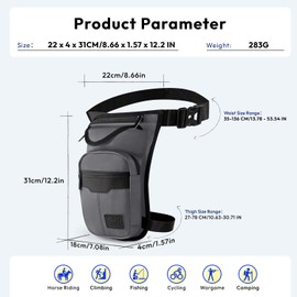 Virklyee Leg Bag Motorcycle Leg Bag Drop Leg Bag with Large Capacity for Men and Women for Hiking, Running, Travel, Cycling, Mountaineering, Adjustable Length, Nylon (#326-Grey)