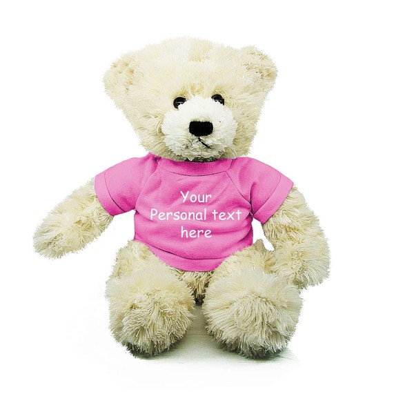 Plushland Cream Brandon Teddy Bear 12 Inch, Stuffed Animal Personalized Gift - Custom Text on Shirt - Great Present for Mothers Day, Valentine Day, Graduation Day, Birthday (Pink Shirt)