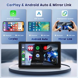 Hodozzy 7 Inch Wireless Portable Carplay & Android Car Display for Motorcycle, IP 67 Waterproof Touchscreen Screen, Car Radio with Dual Bluetooth/EQ/GPS Navigation/Voice Control for Moto