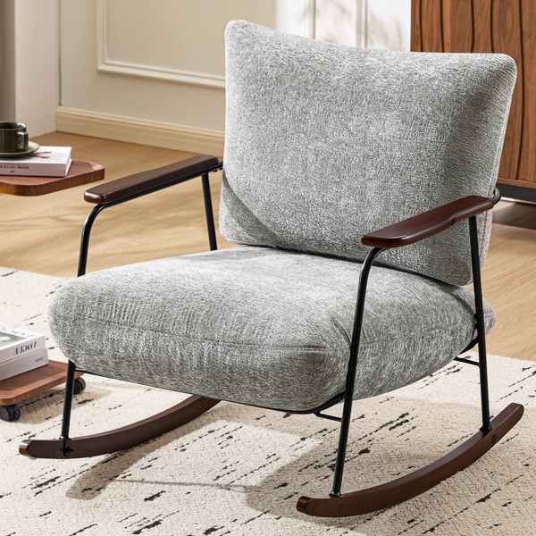 Furnistyle Rocking Chair Nursery Upholstered Glider Chair with Armrests Wood