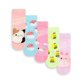 Squishmallows Girls Socks Set of 5 | Childrens Multicoloured Character Calf Socks with Logo Graphic Print | Kids 5 Pack Socks with Malcom the Mushroom & Sunny the Bee | Plush Toy Merchandise Gift