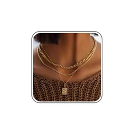 Atentuyi Layered Gold Necklace Choker Square Pendant Necklace Cuban Thick Necklace Link Curb Chain Necklace Minimalist Necklace Paper Clip Necklace Jewellery for Women, Zinc