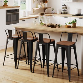 HAOBO Home 26" Low Back Metal Counter Stool Height Bar Stools with Wooden Seat [Set of 4] Barstools, Matte Black