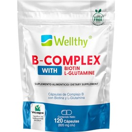Wellthy Complejo B Cápsulas 120 porciones. Reforzado con Biotina y Glutamina. VCaps Cápsulas veganas, Bottle Free.