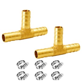 NICOLEKAY 5/8" Brass Barb Tee Fittings T-Shaped 3 Ways Union Hose Barb Pipe Fitting with 6pcs Stainless Steel Pipe Clamp for Water/Fuel/Air (Pack of 2)