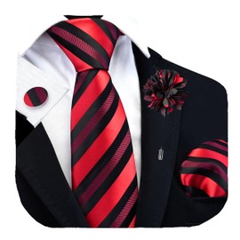 GUSLESON Red Tie for Men Wedding Burgundy Black Striped Necktie Pocket Square Cufflinks and Lapel Pin Brooch Set (6108-07)