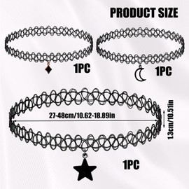 LANAFAY 3pcs Black Choker Necklaces, Stretchy Tattoo Choker Chain with Rhombic Stars and Moon, Gothic Lace Choker Necklace Pendant Jewelry Accessories for Women Teen Girls Party Dress Decorations