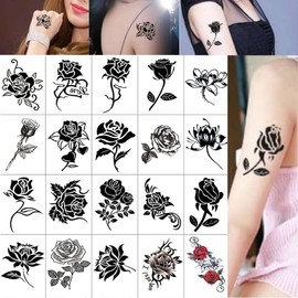 HappyHome 20 Pcs Rose Waterproof Long Lasting Easy to Apply Fake Tattoos (20 Black Roses)