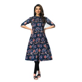 Ladyline Women's 100% Cotton Tunic Top Ethnic Printed Button Down Knee Length Kurti Kurta (CPEK DTJS520) (42/ Blue)