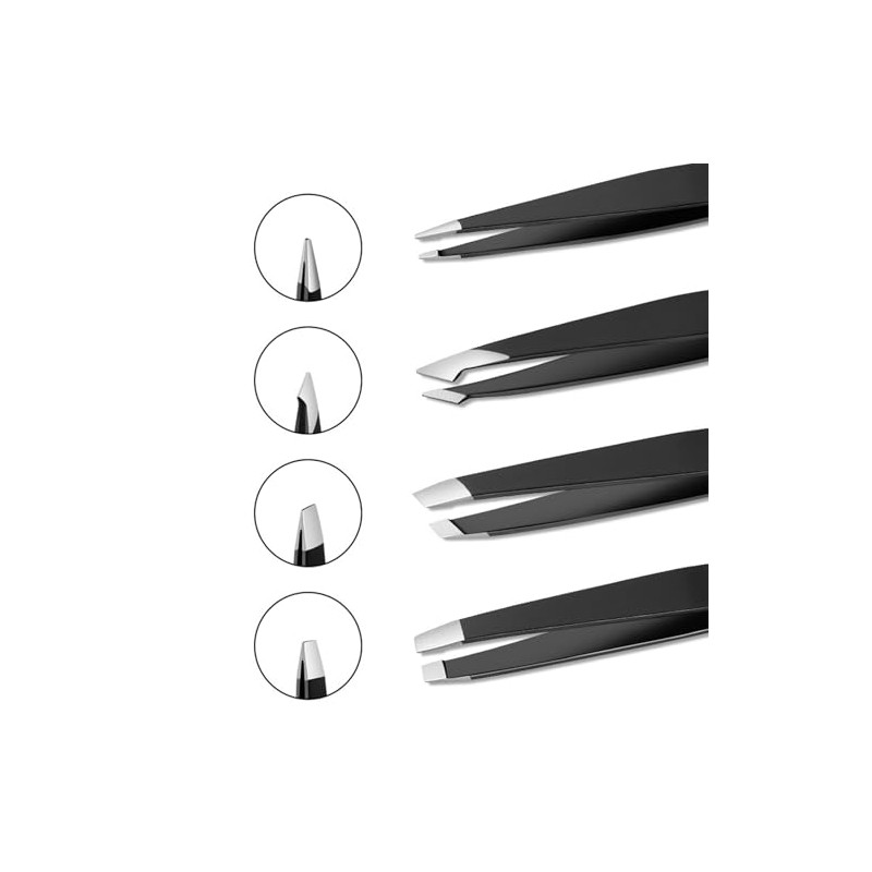 ピンセット ステンレス製 毛抜き 95mm 眉毛/ひげ/白髪/ムダ毛/細い毛/とげ処理 メンズ レディース 兼用 ブラック（4点セット）